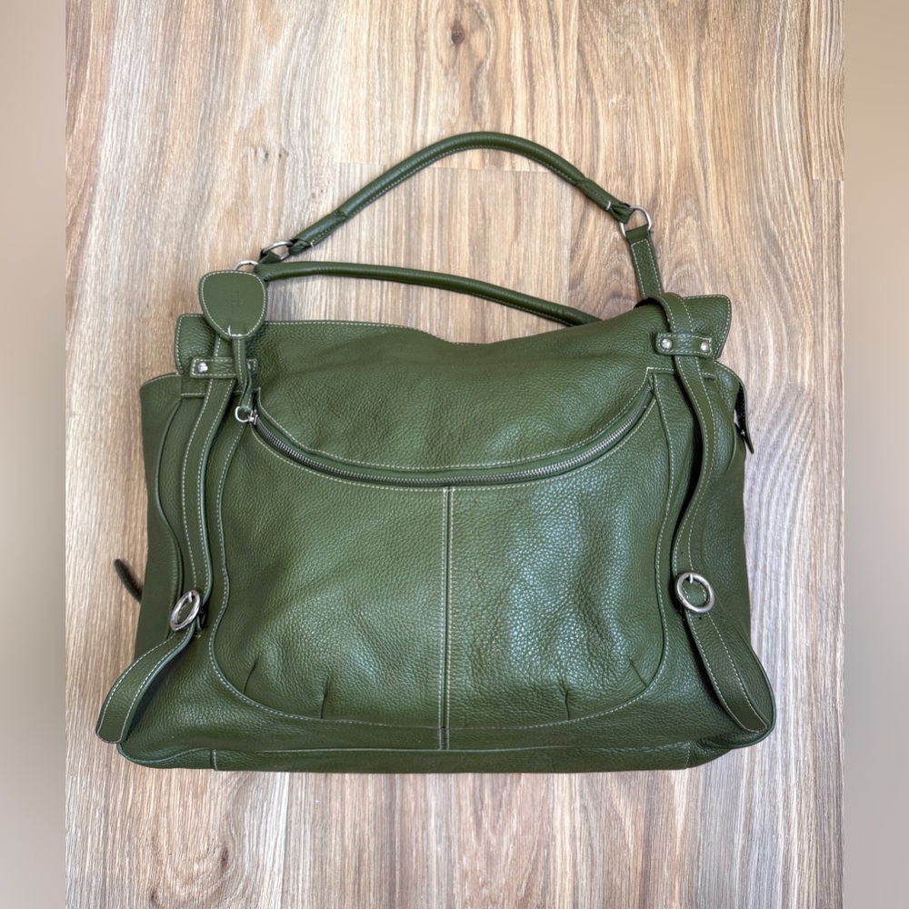 Furla Olive Green Pebbled Leather Large Zip Top Shoulder Bag